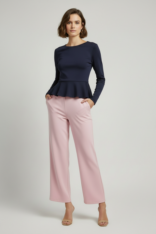 Rib-Stretchable Baby Pink Bell Bottoms