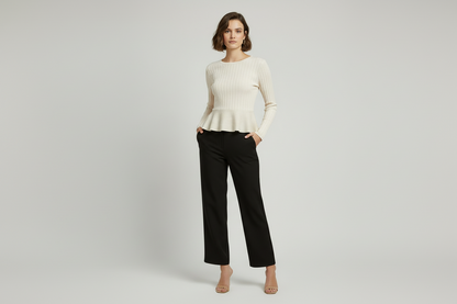 Model wearing black ribbed flare pants by A 'n' A
