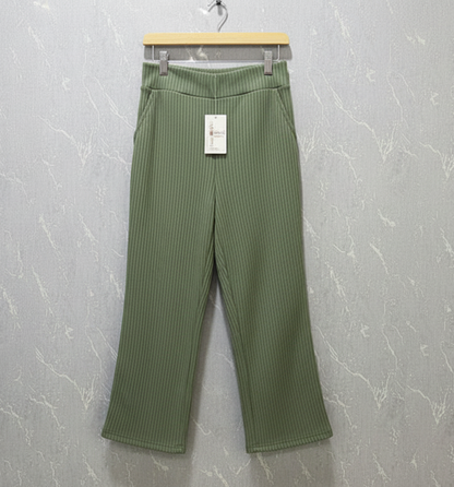 Olive green ribbed flare pants – product view