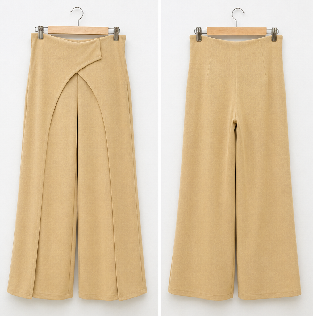 Front and back view of beige Italian Crepe wrap-panel wide-leg trousers on a hanger