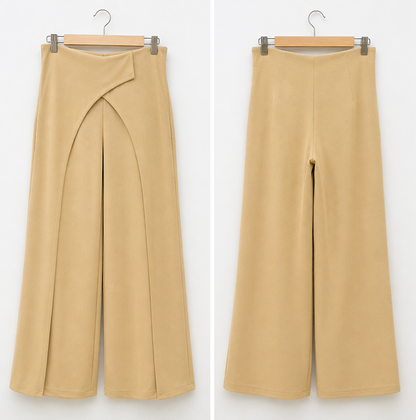 Front and back view of beige Italian Crepe wrap-panel wide-leg trousers on a hanger