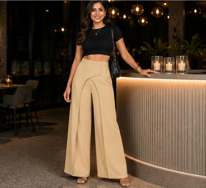 Beige wrap-panel wide-leg trousers styled with a black top for an evening look