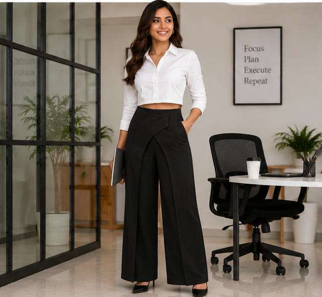 Black wrap-panel wide-leg trousers styled with a white shirt for office wear