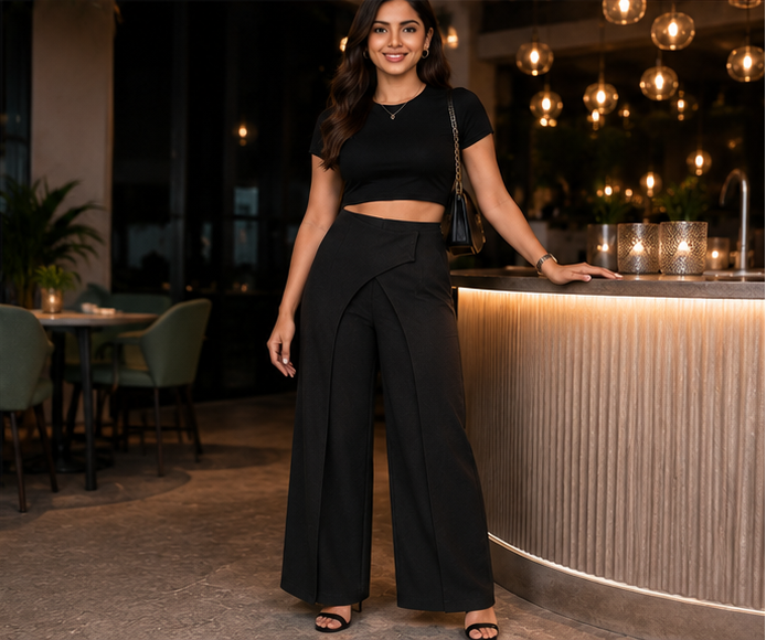 Black wrap-panel wide-leg trousers styled with a black top for an evening look