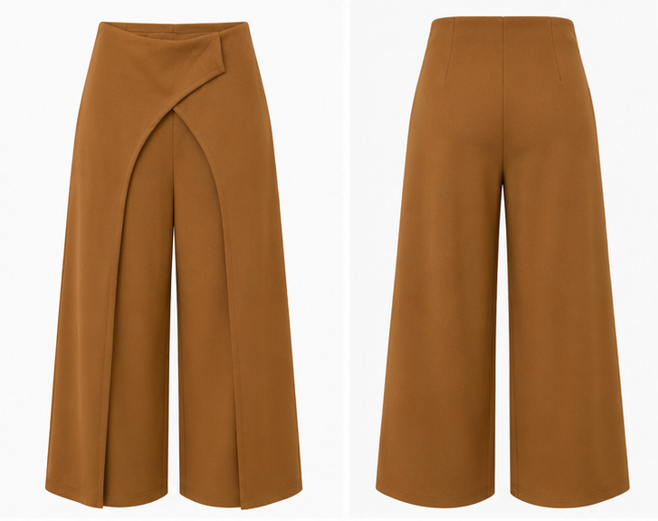Front and back view of beige wide-leg trousers on a plain background