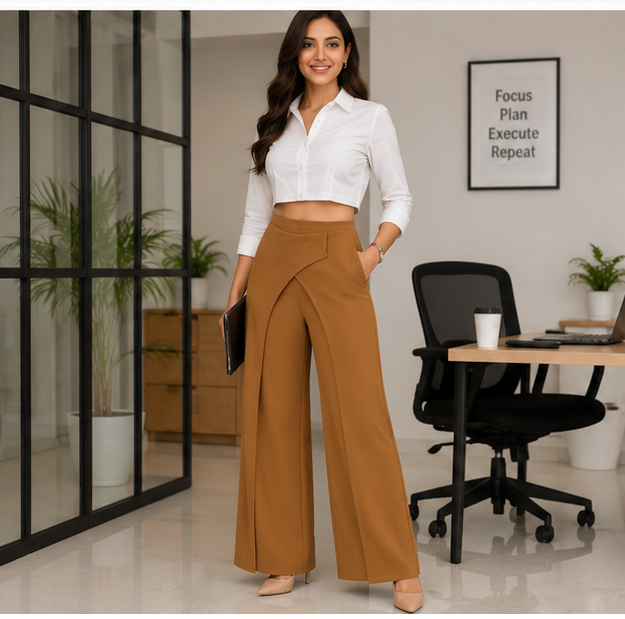 Brown wrap-panel wide-leg trousers styled with a white shirt for office wear