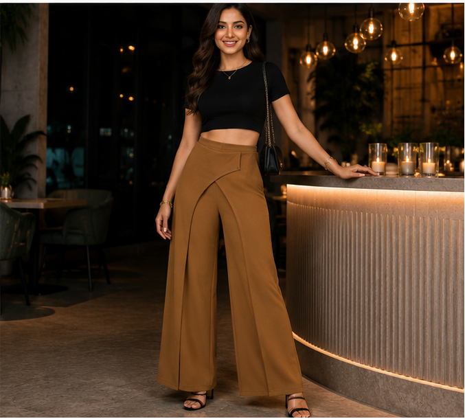 Brown wrap-panel wide-leg trousers styled with a black top for an evening look