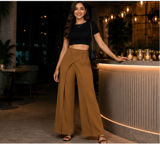 Brown wrap-panel wide-leg trousers styled with a black top for an evening look