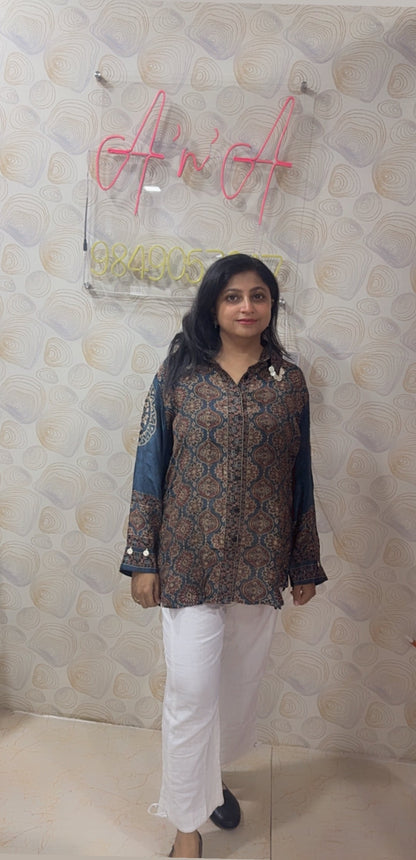Ajrak Crepe Silk Shirt (Blue)