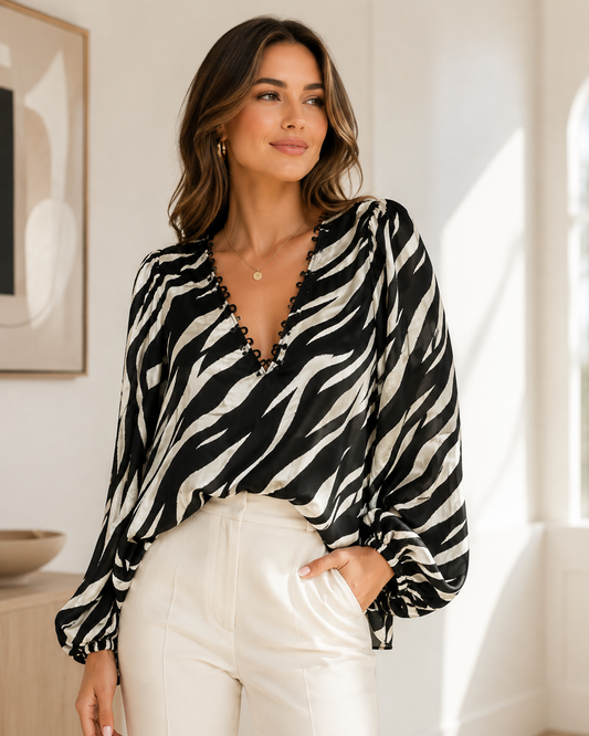 Zebra-Print V-Neck Top