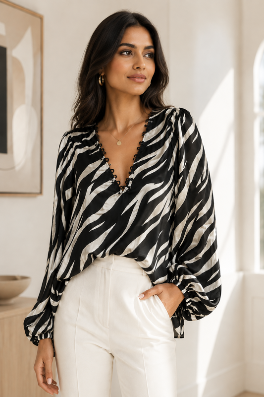 Zebra-Print V-Neck Top