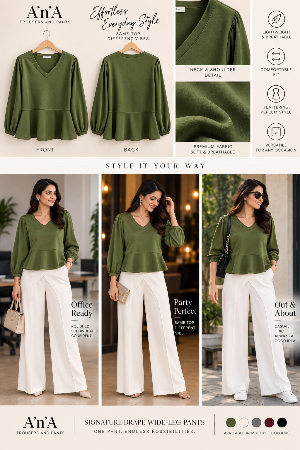 Olive Green Peplum Top & White Drape Wide-Leg Pants Set
