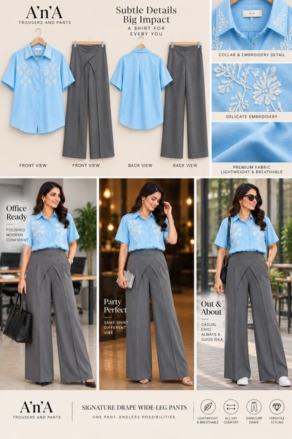 Light Blue Embroidered Shirt & Grey Drape Wide-Leg Pants Set