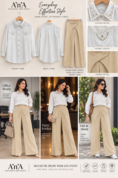 Light Blue Embellished Shirt & Beige Drape Wide-Leg Pants Set