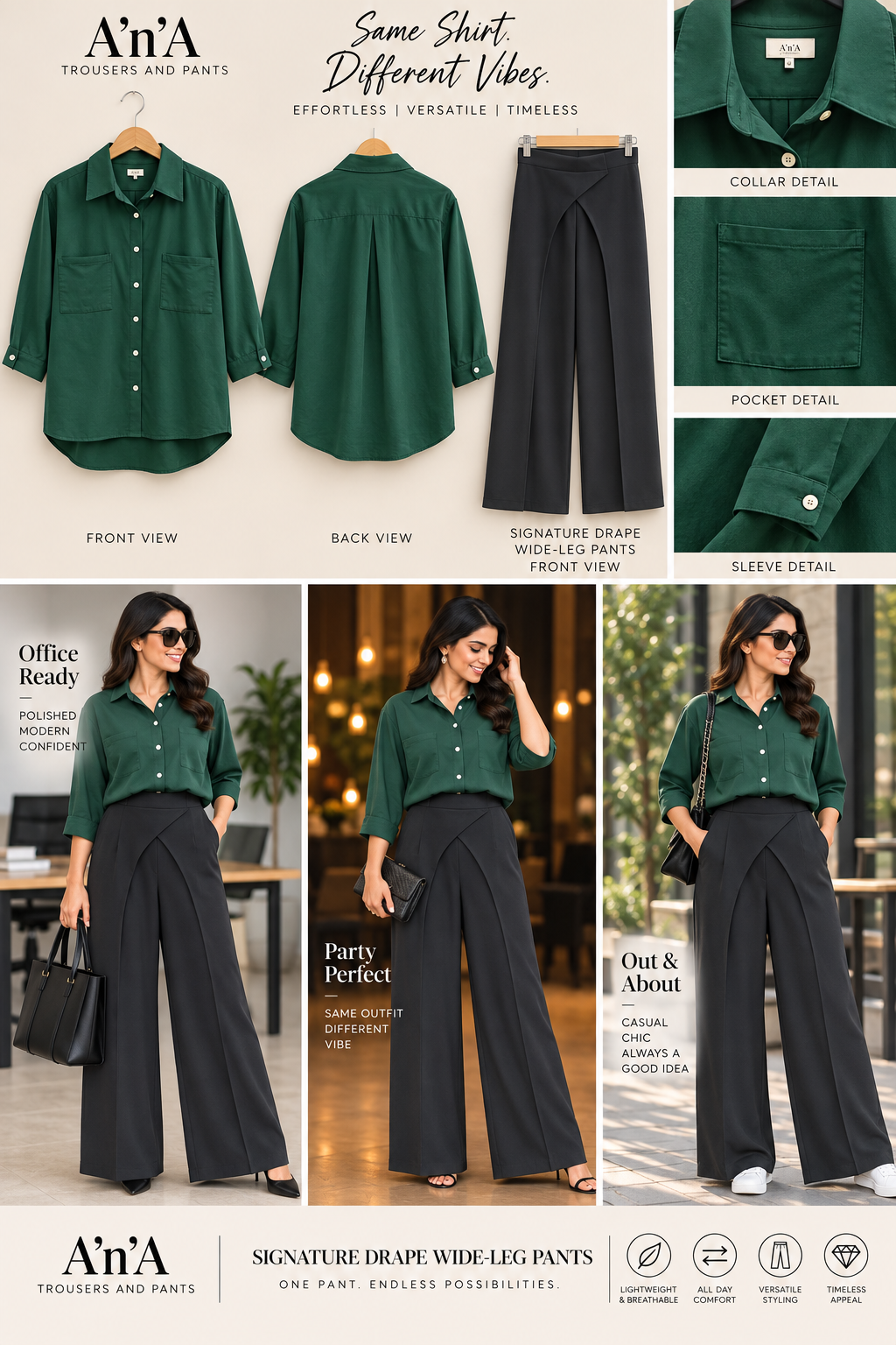 Dark Green Cotton Shirt & Black Drape Wide-Leg Pants Set