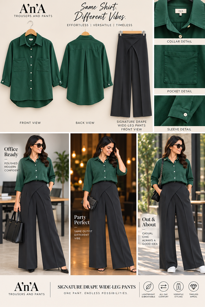 Dark Green Cotton Shirt & Black Drape Wide-Leg Pants Set