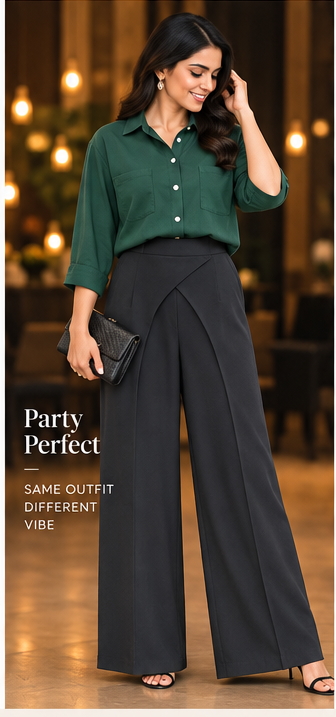 Dark Green Cotton Shirt & Black Drape Wide-Leg Pants Set