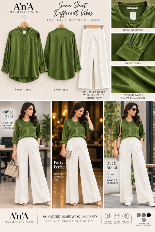 Green Satin Shirt & White Drape Wide-Leg Pants Set