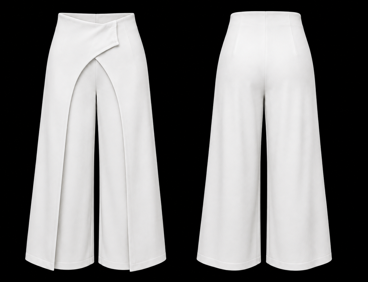Front and back view of white Italian Crepe wrap-panel wide-leg trousers