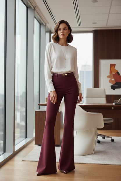 Model wearing anti-wrinkle wine bell bottoms by A 'n' A