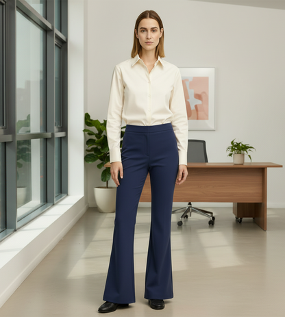 Model wearing anti-wrinkle greyish blue bell bottoms by A 'n' A