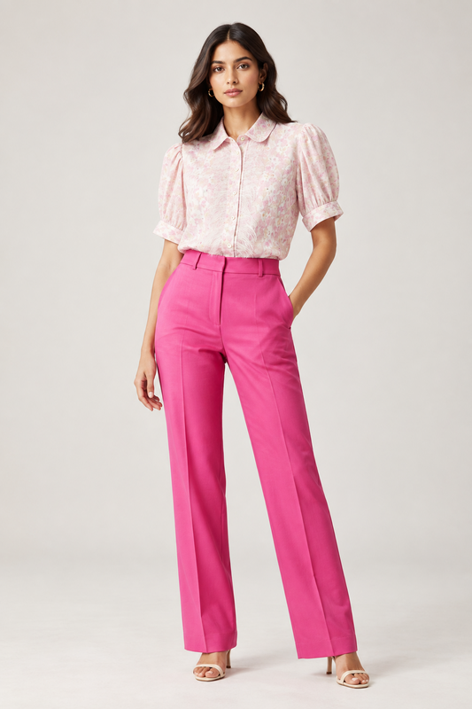 Light Pink Shirt & Pink Cotton Silk Tailored Pants Set