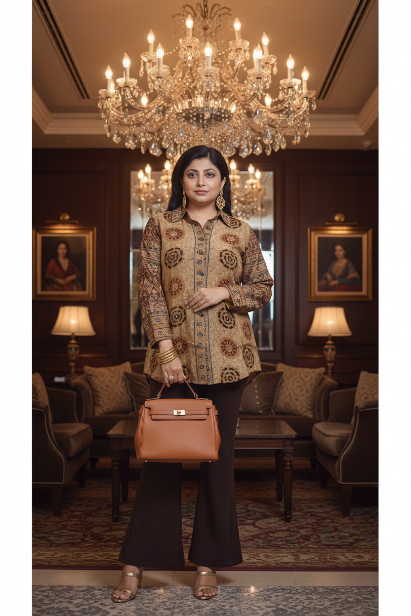 Ajrak Crepe Silk Shirt (Mustard)