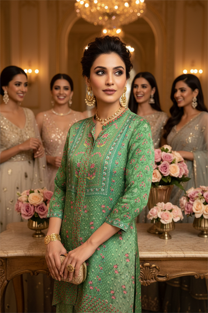 Ajrak Crepe Silk Shirt (Green)