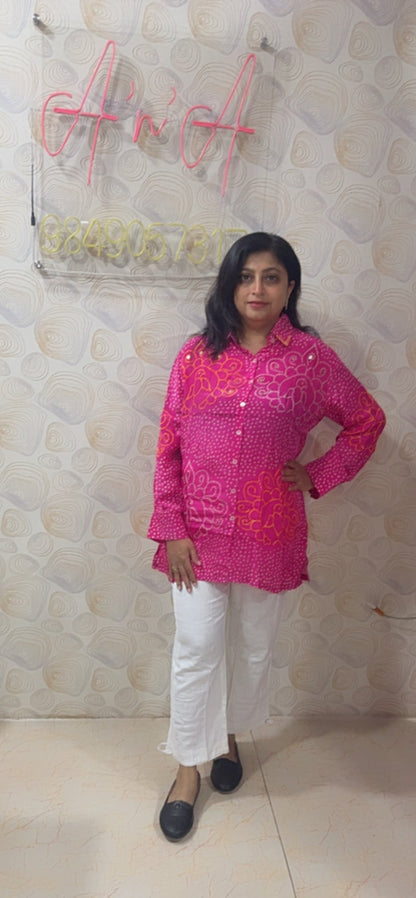 Bandhani Crepe Silk Shirt (Hot Pink)