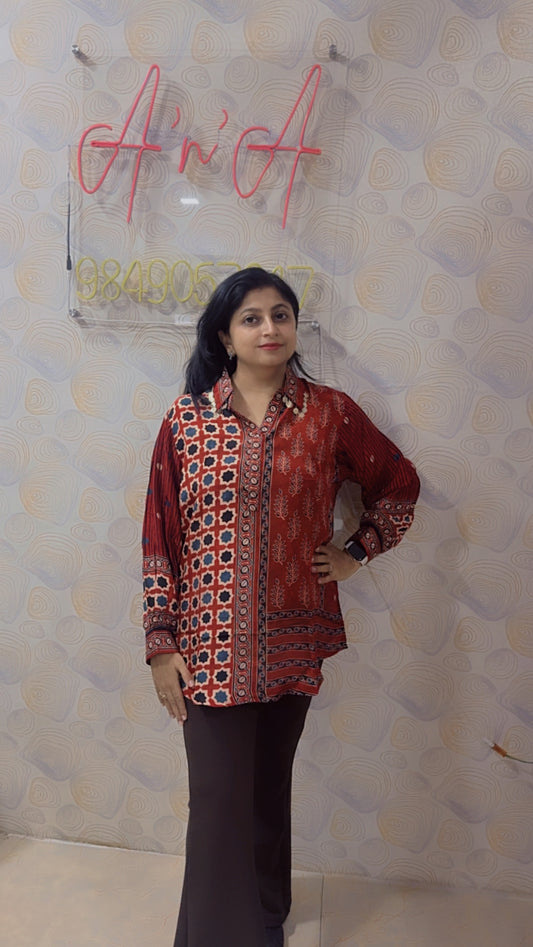 Ajrak Crepe Silk Shirt (Red)