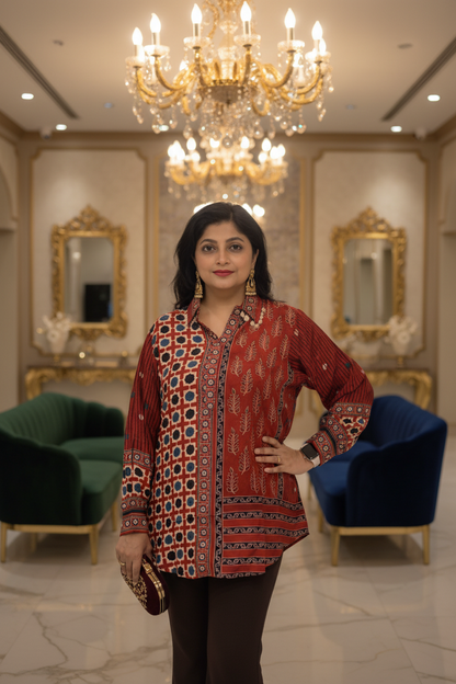 Ajrak Crepe Silk Shirt (Red)
