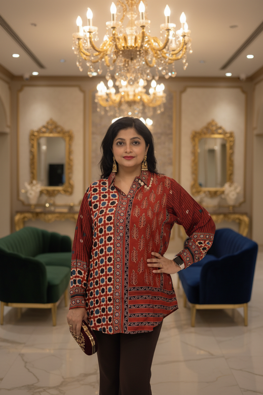 Ajrak Crepe Silk Shirt (Red)