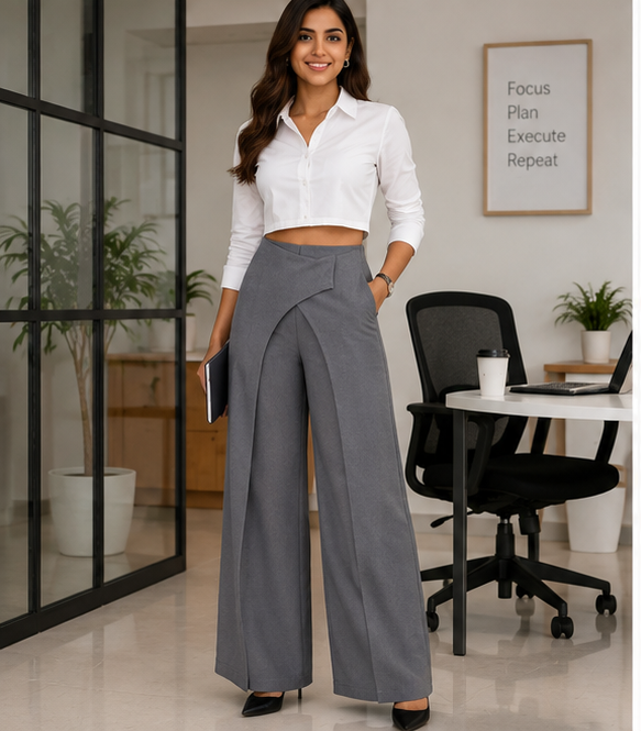 Grey wrap-panel wide-leg trousers styled with a white shirt for office wear