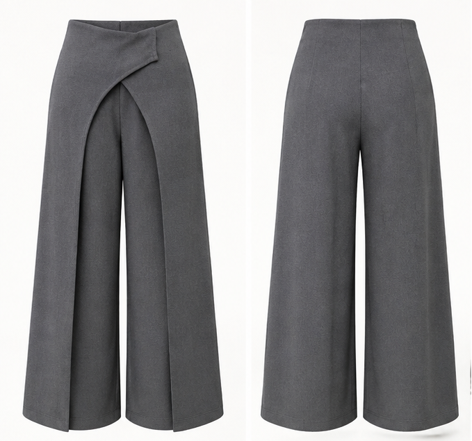 Front and back view of grey Italian Crepe wrap-panel wide-leg trousers