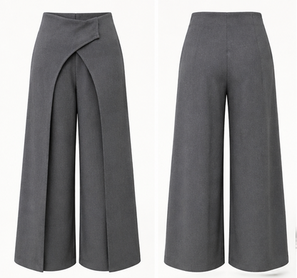 Front and back view of grey Italian Crepe wrap-panel wide-leg trousers