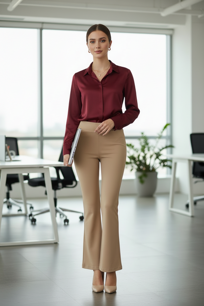 Model wearing anti-wrinkle beige bell bottoms by A 'n' A