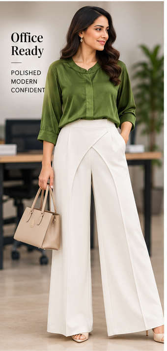 Green Satin Shirt & White Drape Wide-Leg Pants Set
