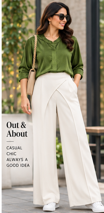 Green Satin Shirt & White Drape Wide-Leg Pants Set