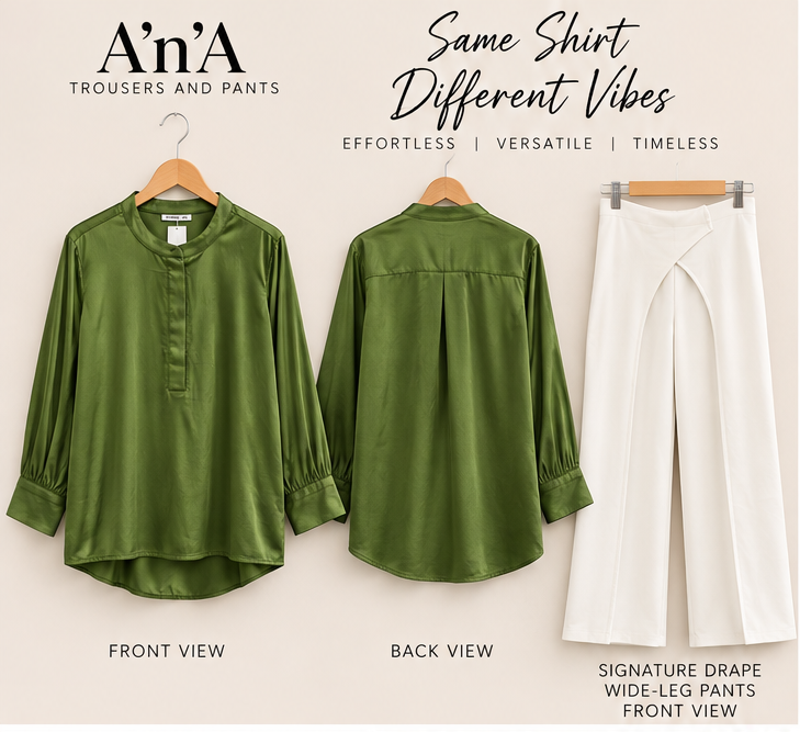 Green Satin Shirt & White Drape Wide-Leg Pants Set