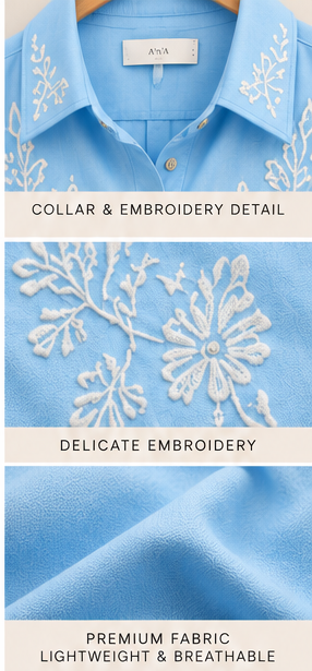 Light Blue Embroidered Shirt & Grey Drape Wide-Leg Pants Set