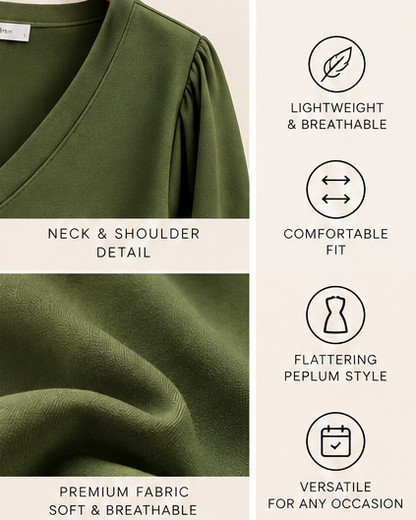 Olive Green Peplum Top & White Drape Wide-Leg Pants Set