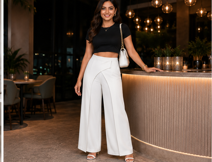 White wrap-panel wide-leg trousers styled with a black top for an evening party look