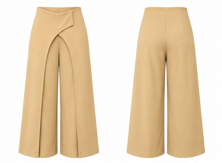Front and back view of beige wide-leg trousers on a plain background
