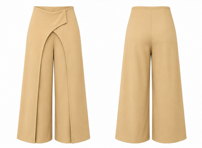 Front and back view of beige wide-leg trousers on a plain background