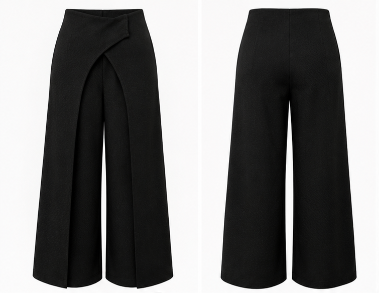 Front and back view of black Italian Crepe wrap-panel wide-leg trousers