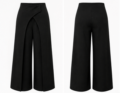 Front and back view of black Italian Crepe wrap-panel wide-leg trousers