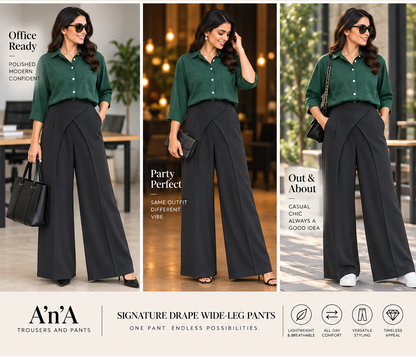 Dark Green Cotton Shirt & Black Drape Wide-Leg Pants Set