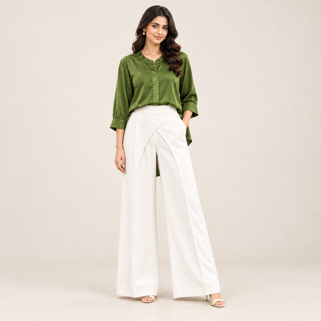 Green Satin Shirt and White Pants Set catalog image preview