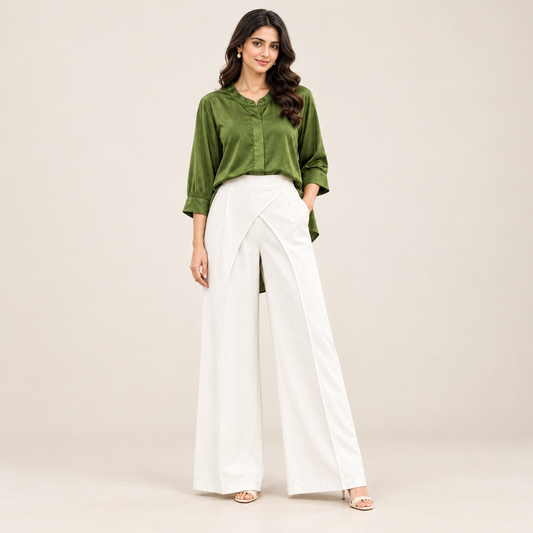 Green Satin Shirt and White Pants Set catalog image preview