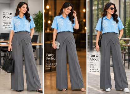 Light Blue Embroidered Shirt & Grey Drape Wide-Leg Pants Set